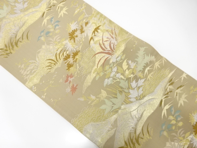 JAPANESE KIMONO / ANTIQUE FUKURO OBI / WOVEN MOUNTAINS & FLOWER